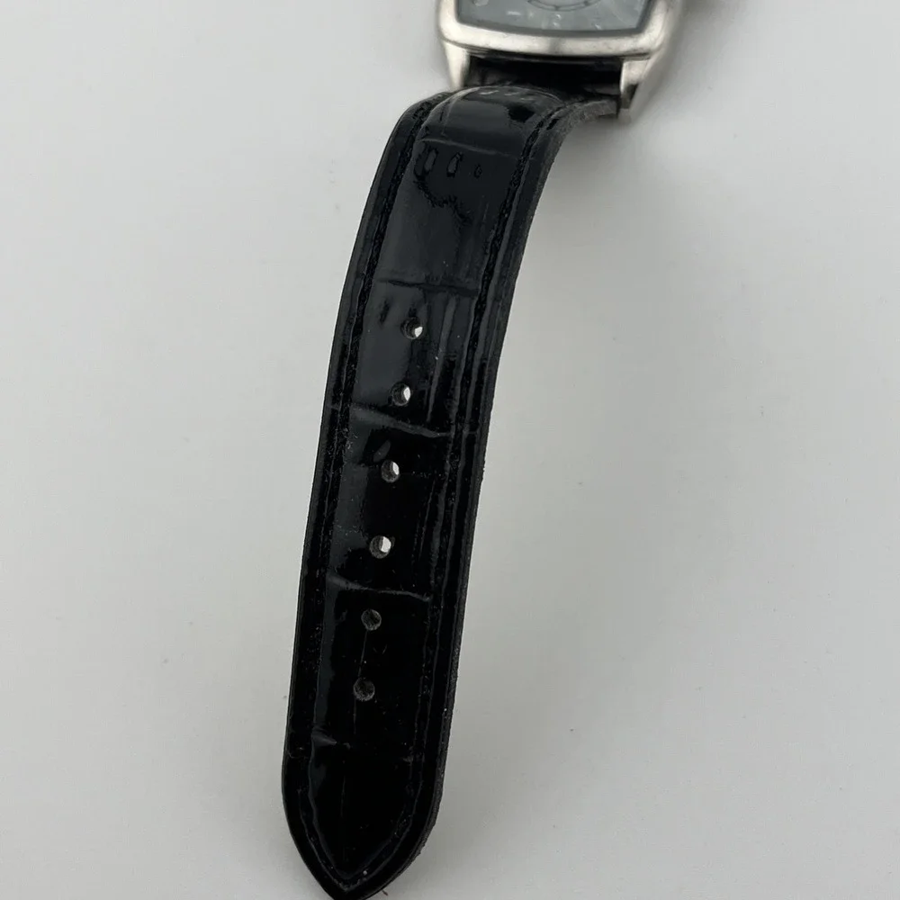 QBOS Watch‎ Women 30mm Silver Case Black Faux Leather Band- New Battery
